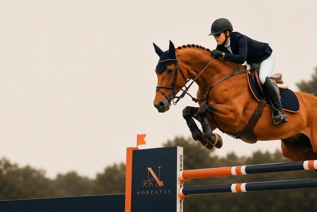 Show jumping horse and rider leaping over a Norcapay branded hurdle