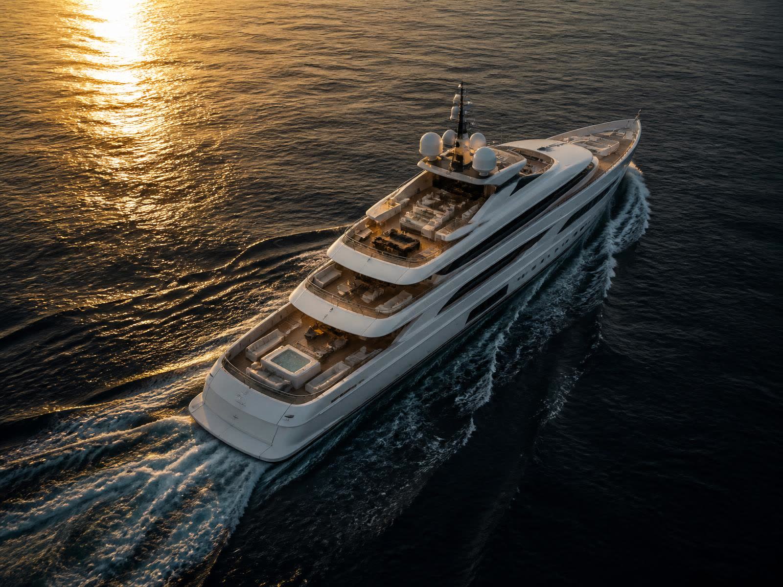 Superyacht at sea during golden hour